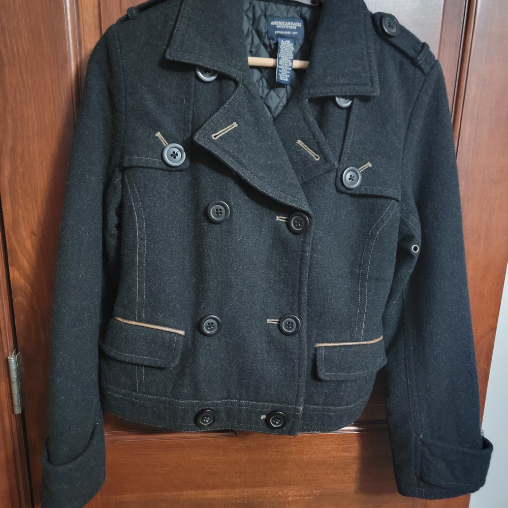 American Eagle Black Double-Breasted Wool Blend Peacoat Jacket